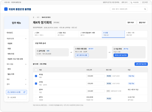 회의 출석자별 수당과 지급 처리 이력을 확인하는 예시 화면